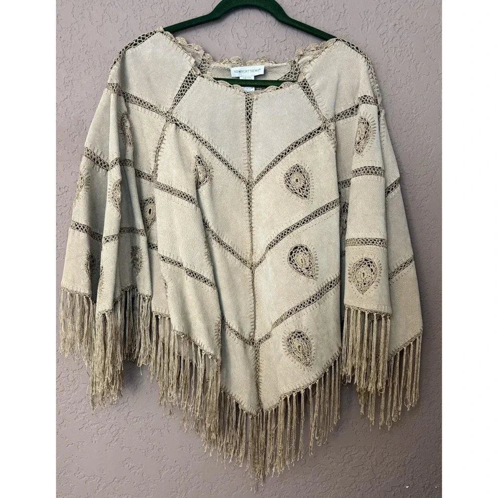 VTG 90s Newport News Women NWT‎ Suede Leather Poncho Cape Jacket Crochet Fringe - Picture 11 of 14